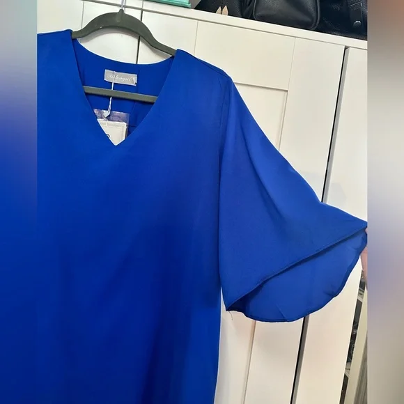 Blue V Neck Bell Short Sleeve Chiffon Dress With Arymetric Edge Sz LG NEW! - Picture 3 of 4